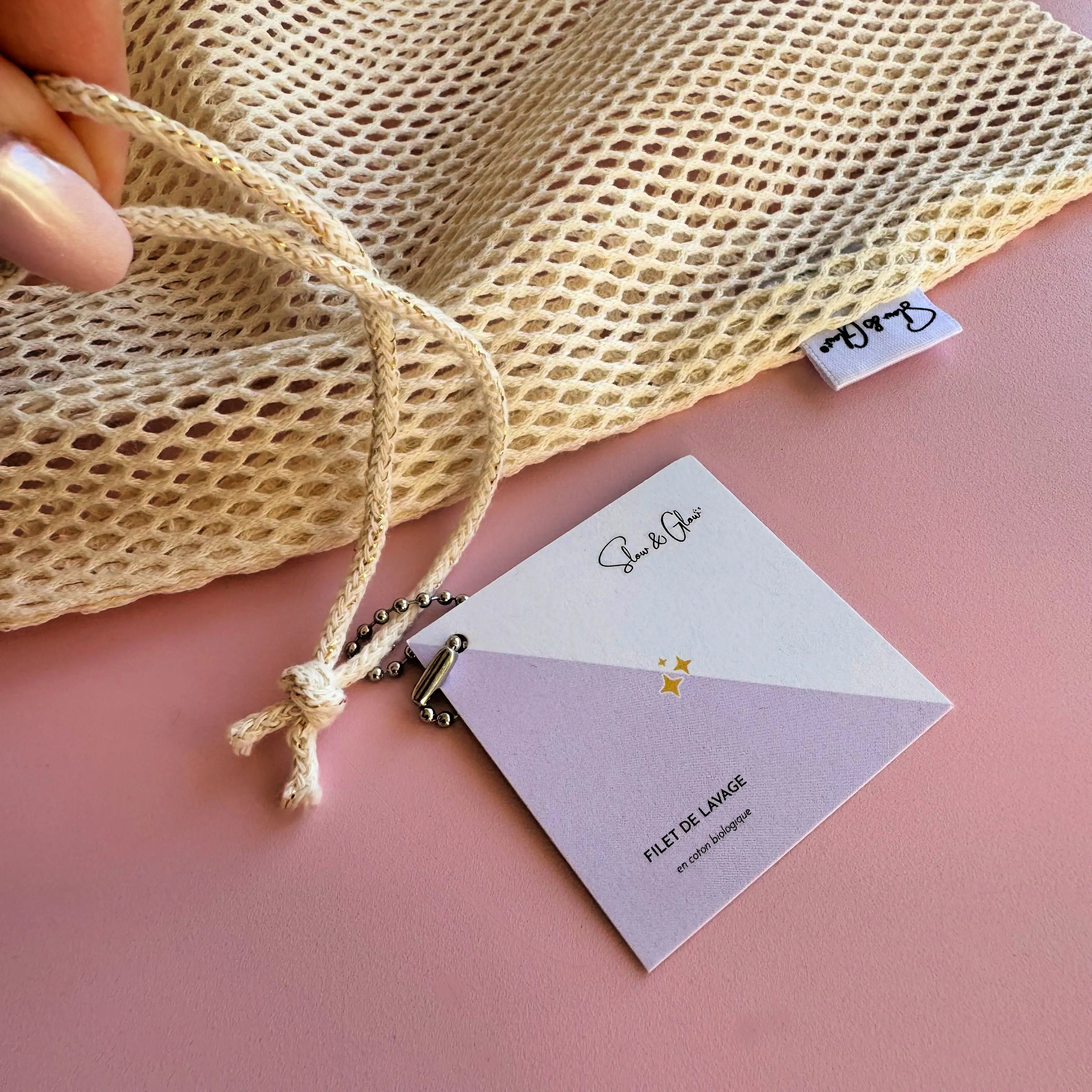 filet de lavage éthique en coton bio, cordon recyclé, parfait pour transporter ou laver les lingettes lavables