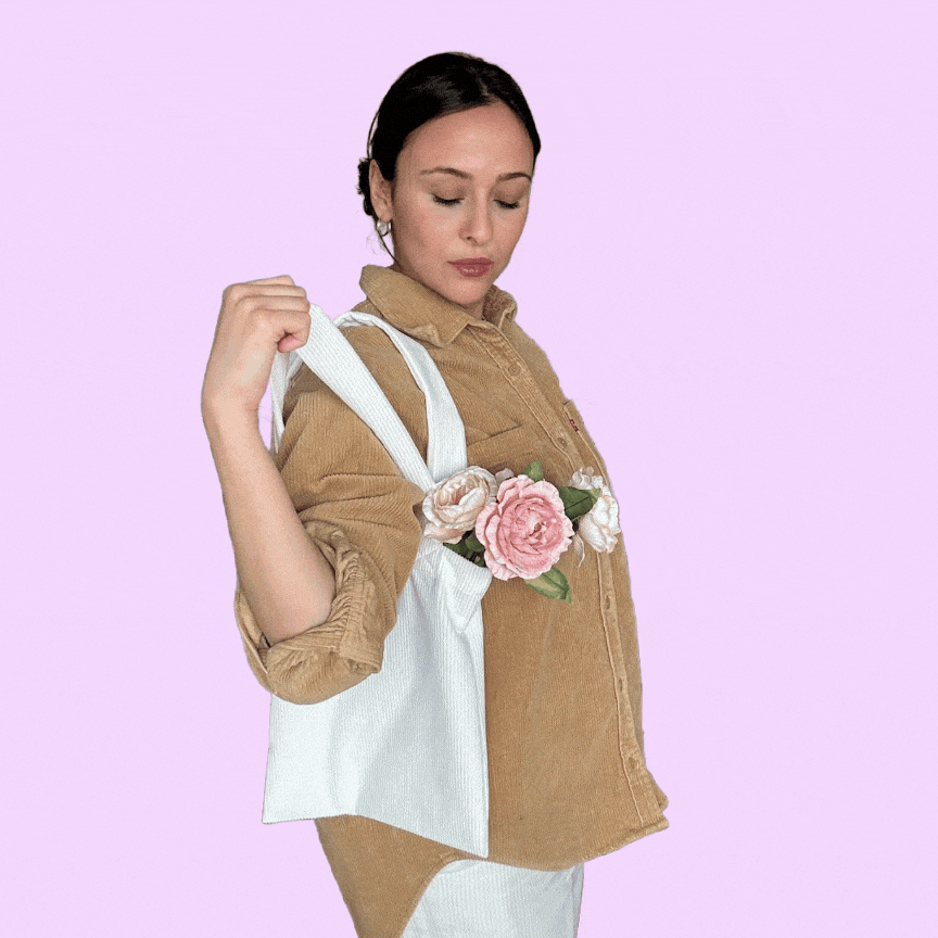 sac cabas petit format en velours côtelé crème, upcyclé, made in France, étiquette recyclée