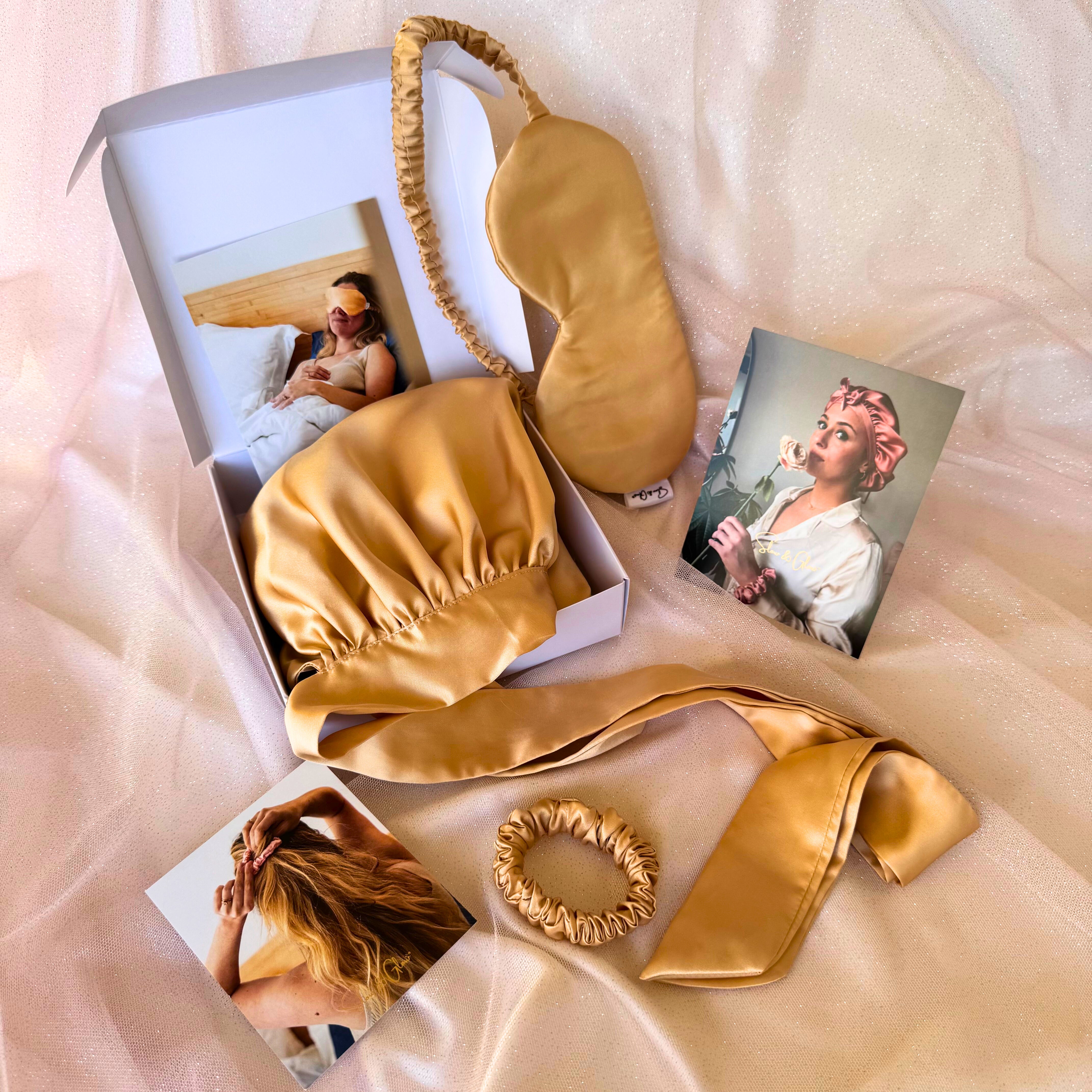 Coffret «1001 nuits» en soie upcyclée : taie ou bonnet de nuit • masque de sommeil • élastique