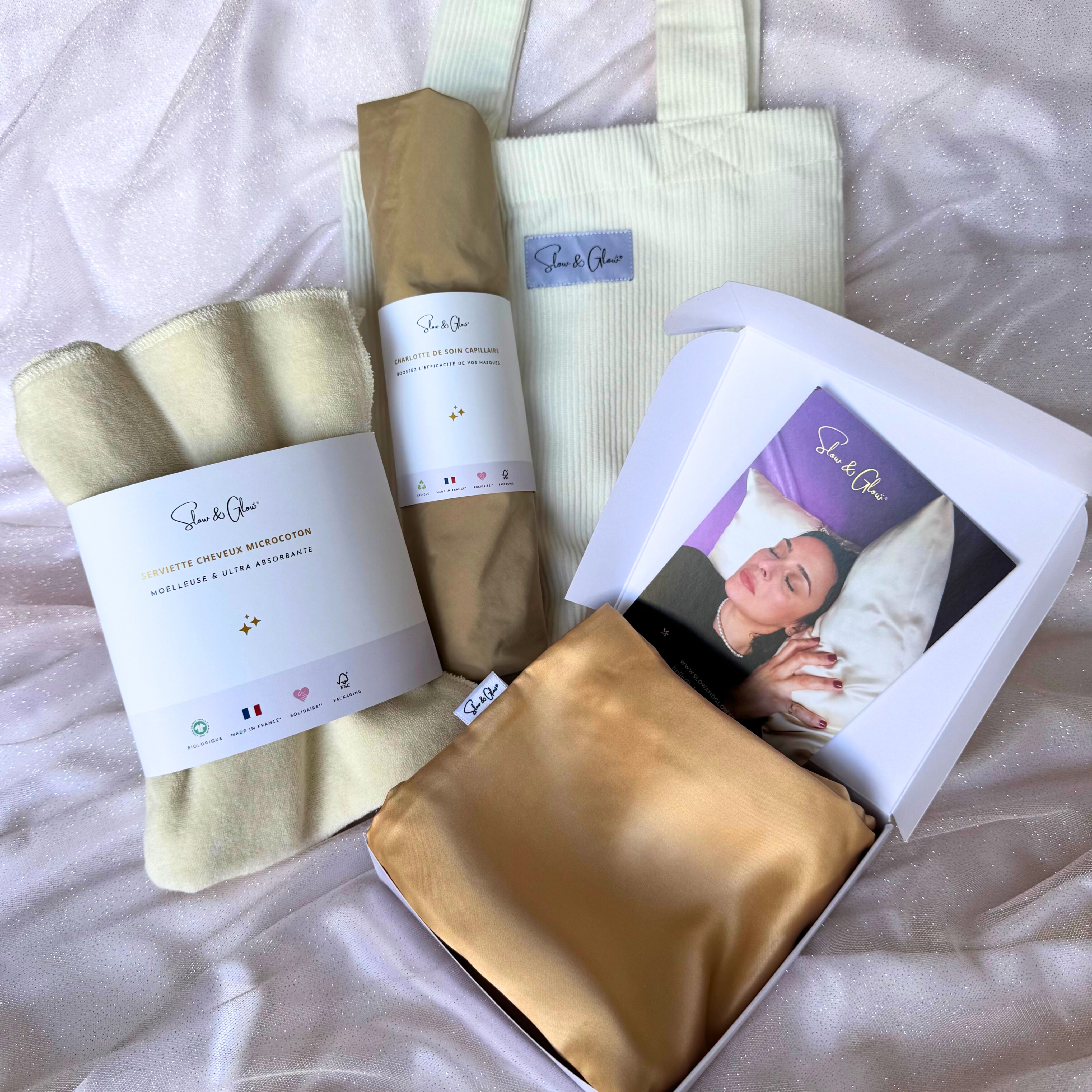 Coffret «mon rituel cheveux soyeux» : serviette microcoton • charlotte de soin • taie en soie + tote bag offert 🎁
