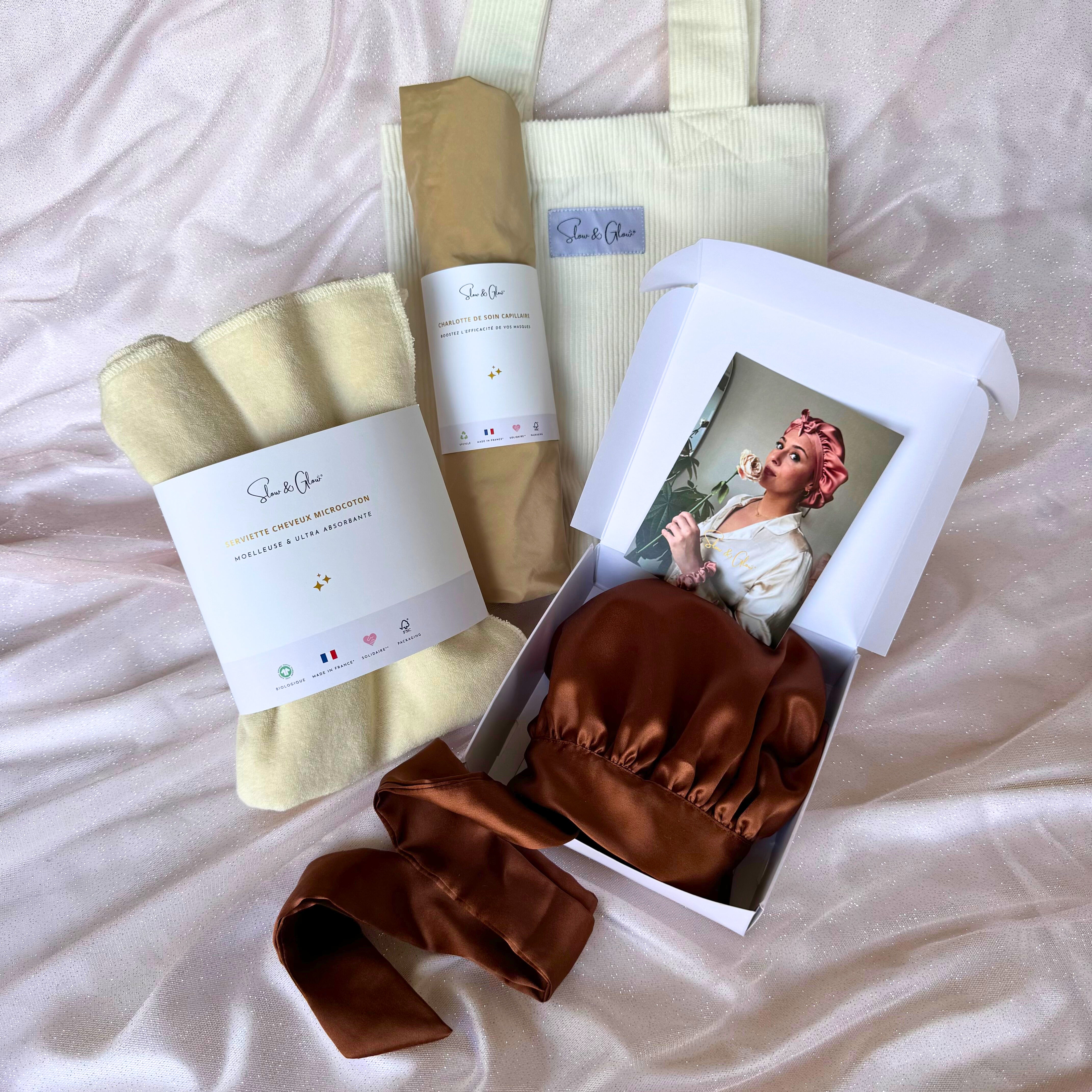 Coffret «mon rituel cheveux soyeux» : serviette microcoton • charlotte de soin • taie en soie + tote bag offert 🎁