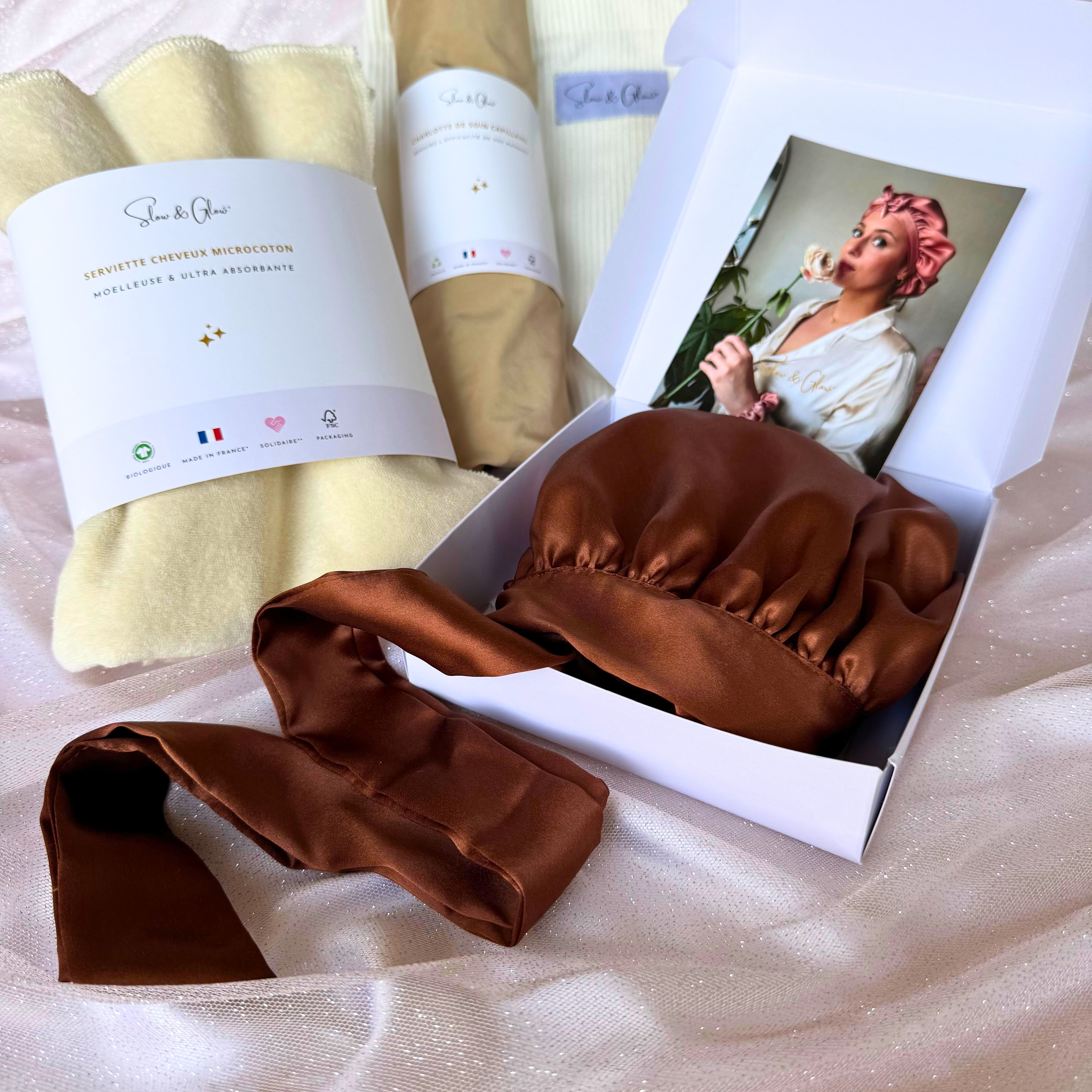 Coffret «mon rituel cheveux soyeux» : serviette microcoton • charlotte de soin • taie en soie + tote bag offert 🎁