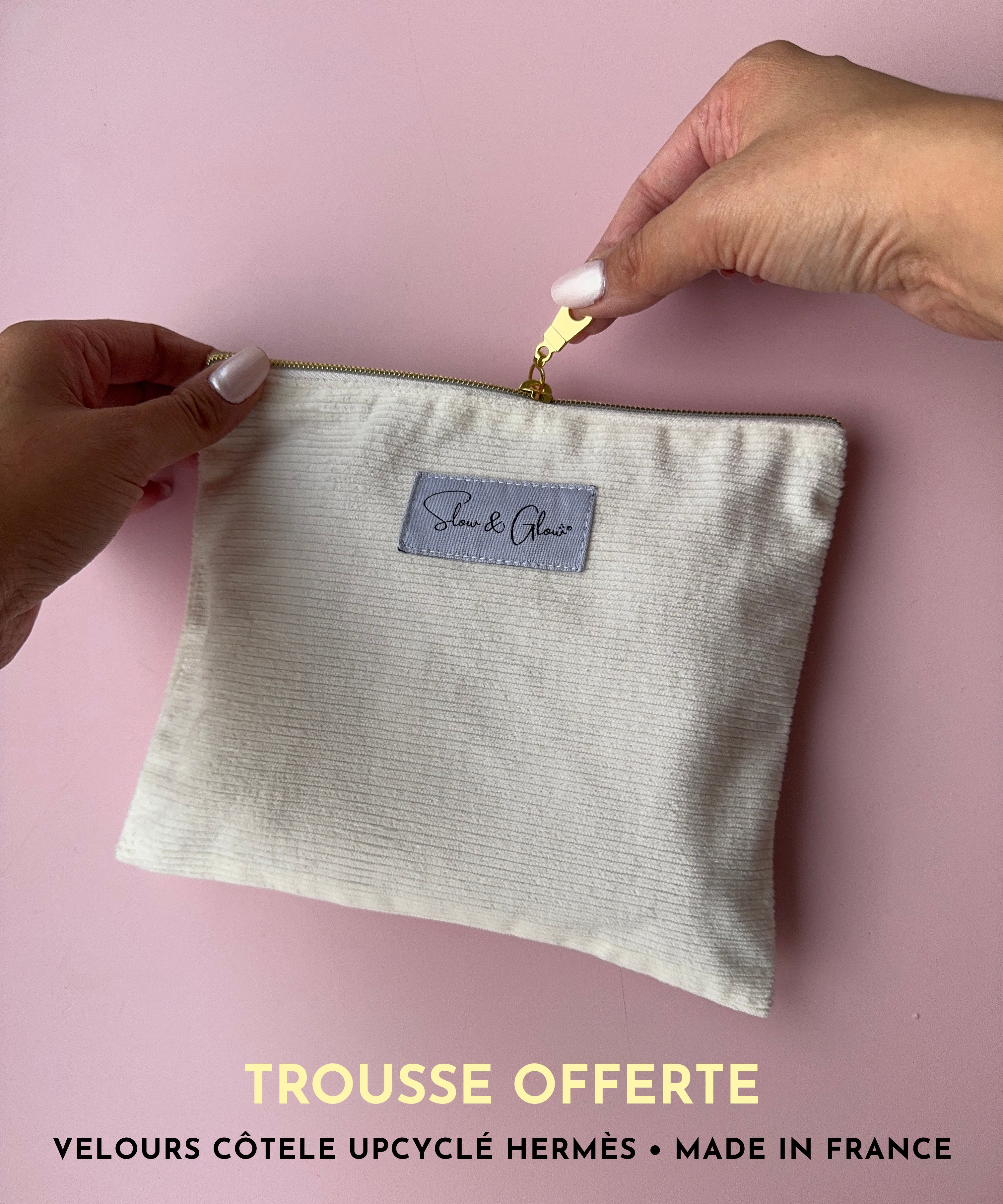 Taie d'oreiller en soie upcyclée haute couture •  fermeture zip  + trousse en velours côtelé upcyclé Hermès offerte 👝