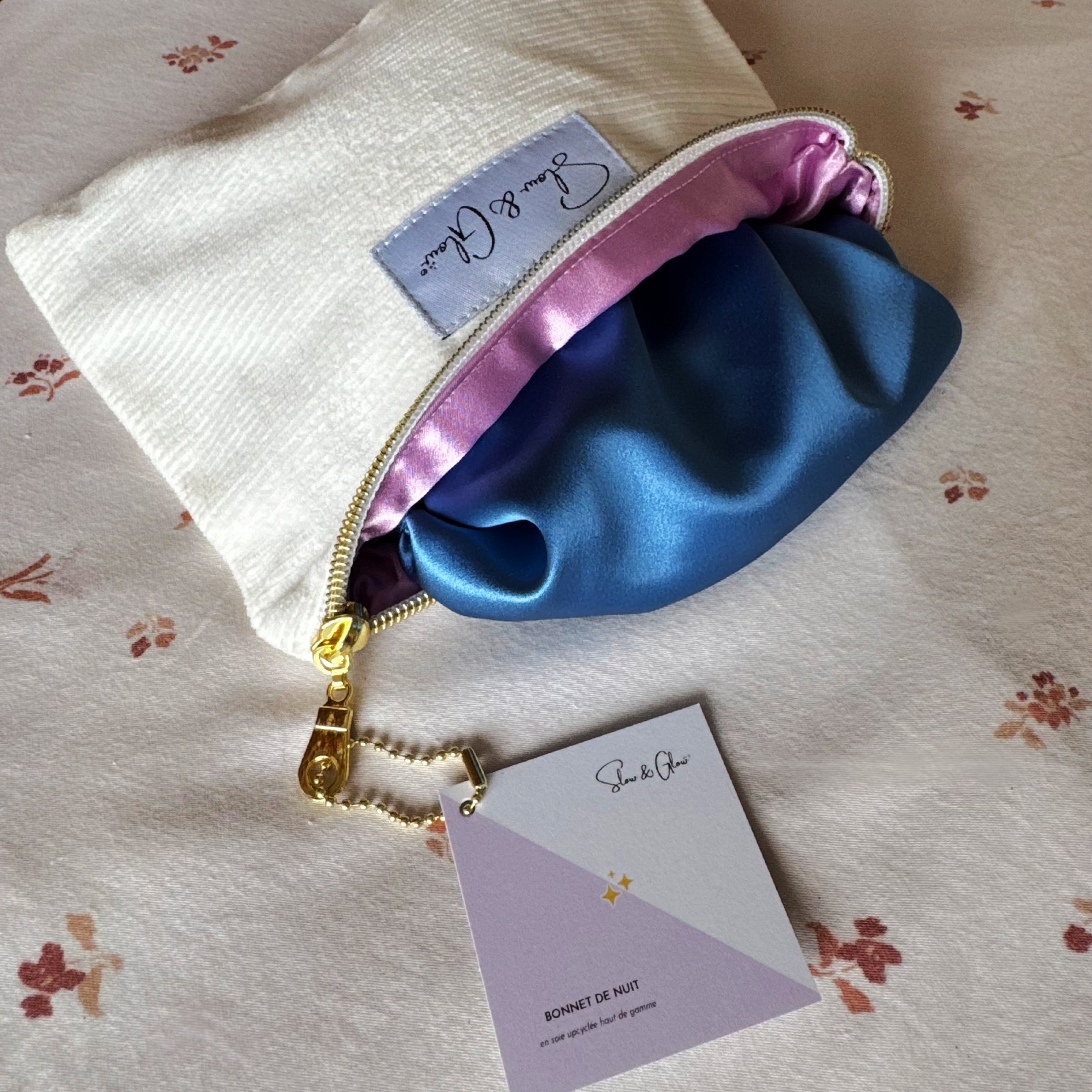 [NOUVEAU MODÈLE 🎀] Bonnet de nuit en soie upcyclée double épaisseur + trousse en velours côtelé upcyclé Hermès offerte 👝