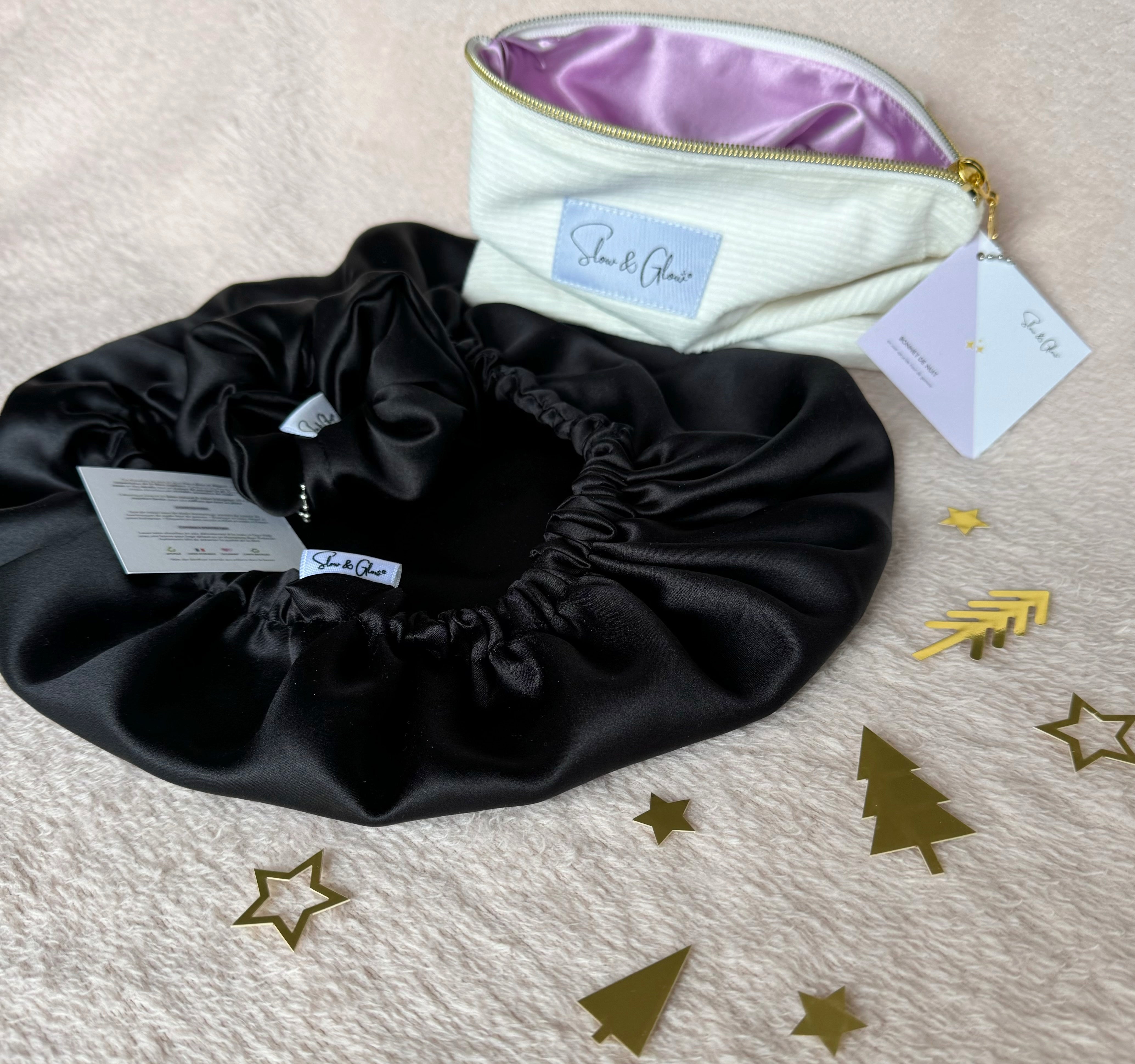 Trousse • Bonnet de nuit en soie upcyclée + chouchou en soie upcyclée