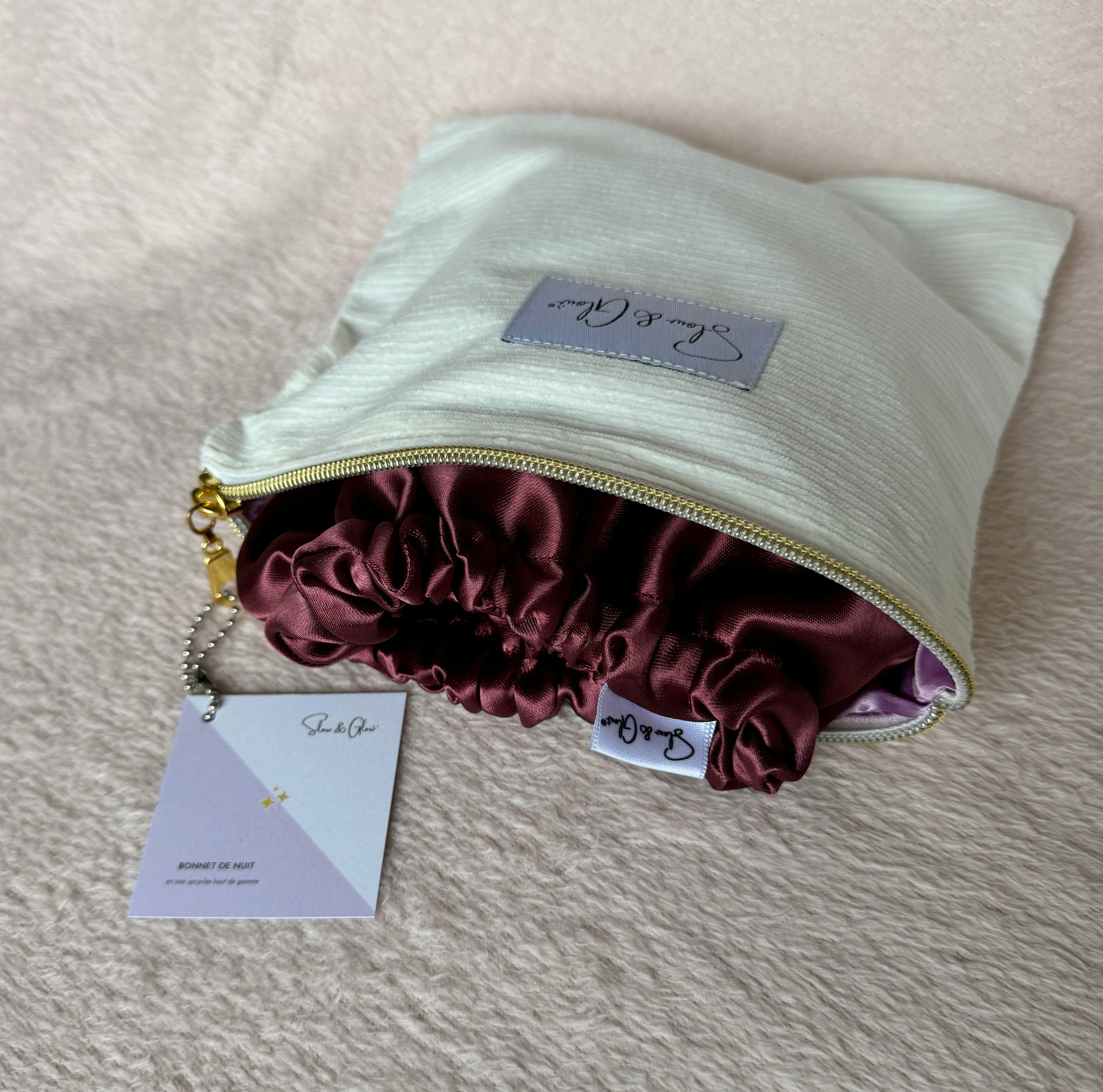 Bonnet de nuit en soie upcyclée double épaisseur + trousse en velours côtelé upcyclé Hermès offerte 👝