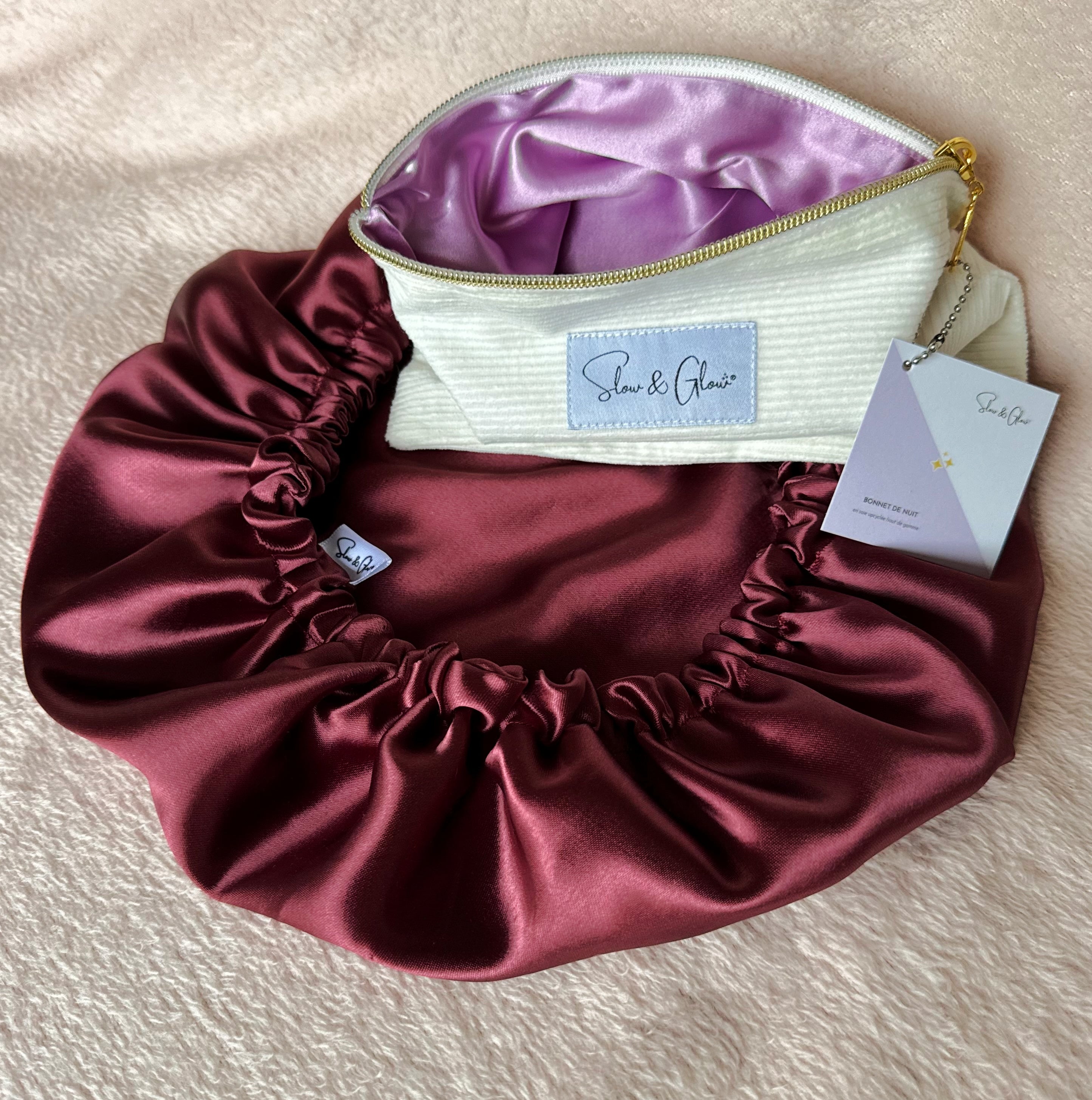 Bonnet de nuit en soie upcyclée double épaisseur + trousse en velours côtelé upcyclé Hermès offerte 👝