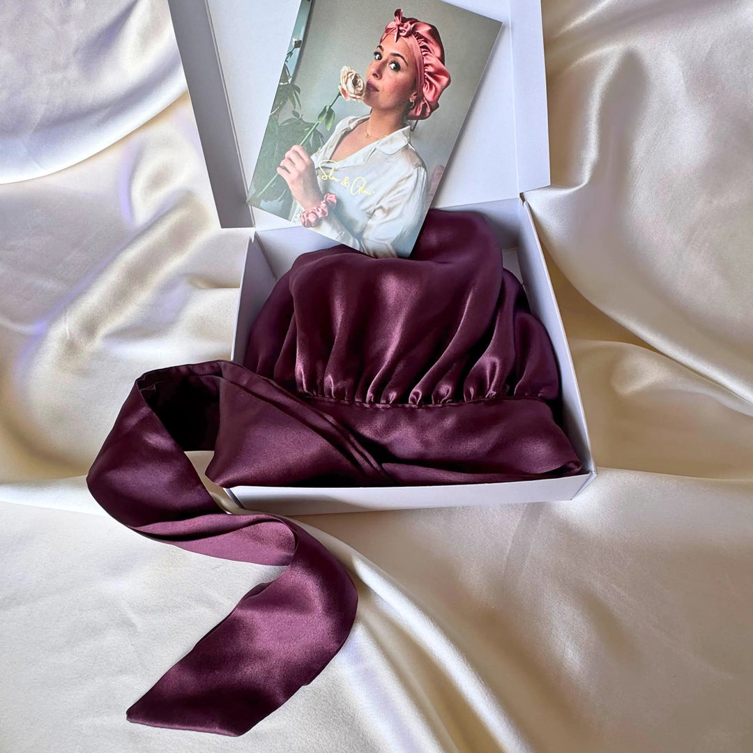 bonnet de nuit en soie upcyclée ajustable fabriqué en France couleur prune 