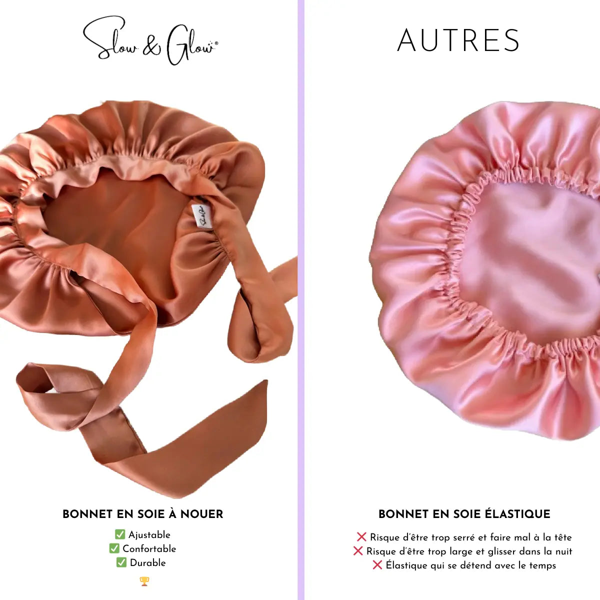 Soin capillaire nocturne version slow : bonnet ajustable en soie, issu de surplus de grandes maisons, made in France.

