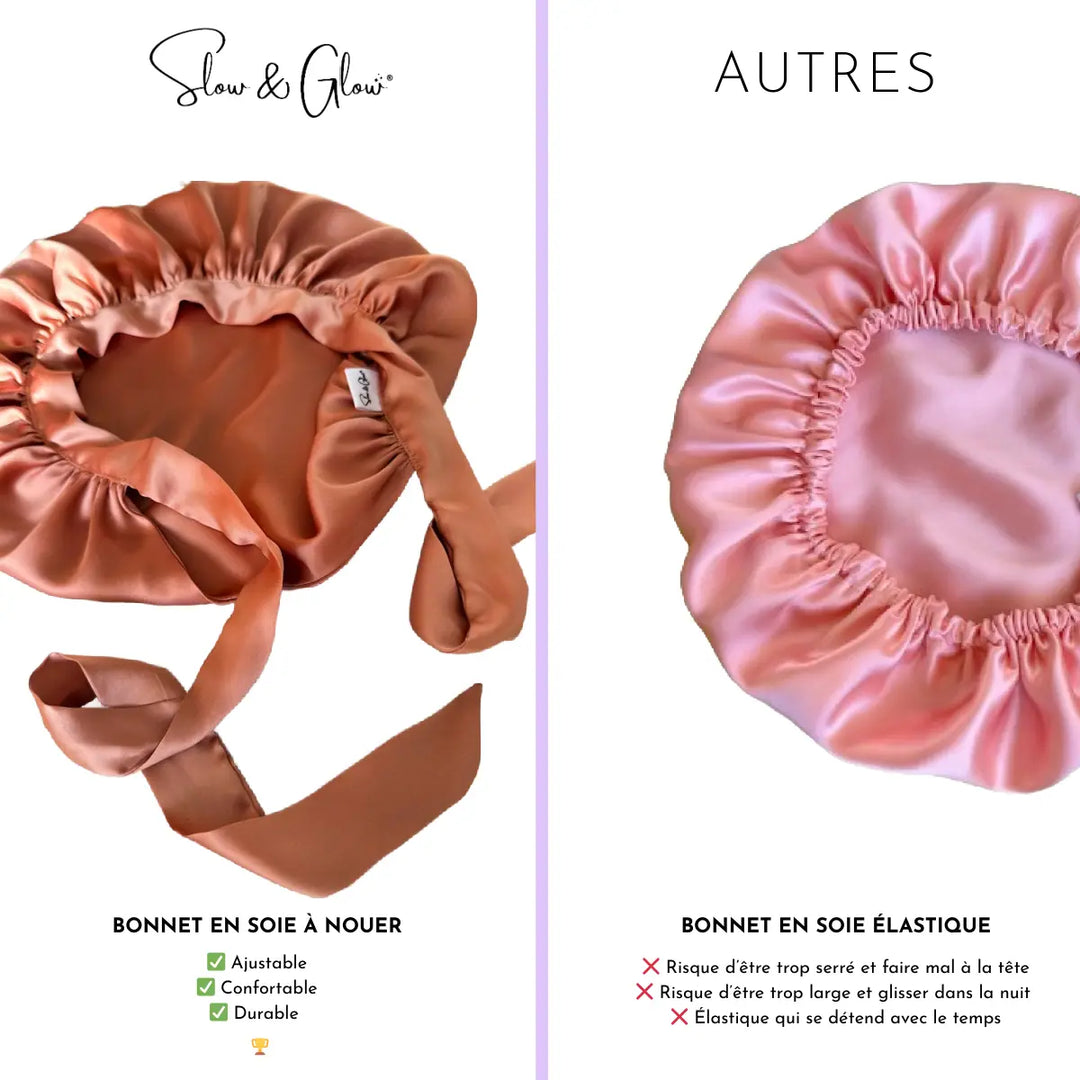 Soin capillaire nocturne version slow : bonnet ajustable en soie, issu de surplus de grandes maisons, made in France.
