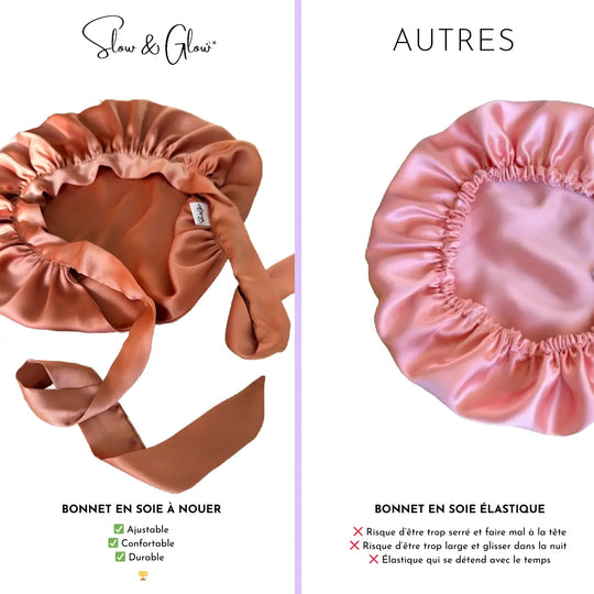Soin capillaire nocturne version slow : bonnet ajustable en soie, issu de surplus de grandes maisons, made in France.
