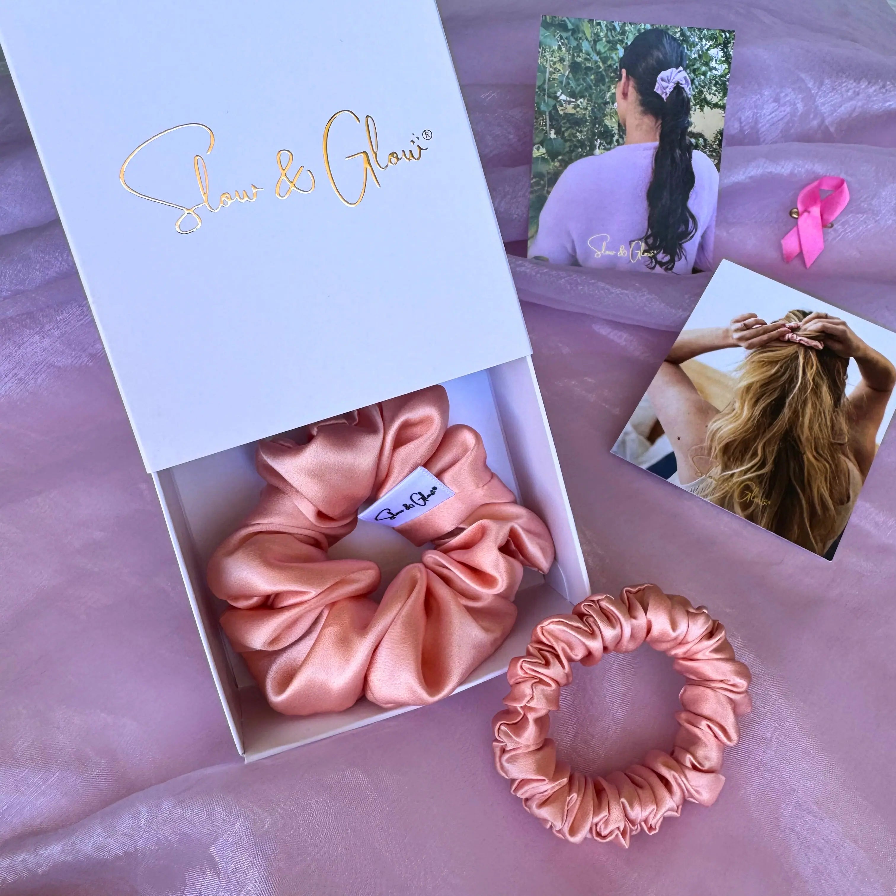 Coffret Octobre Rose – chouchou et élastique en soie upcyclée rose poudré, édition limitée Slow and Glow