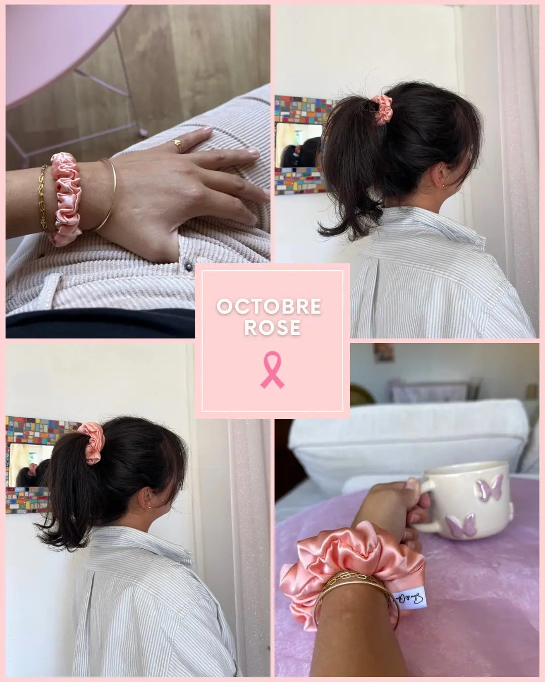Coffret solidaire et engagé octobre rose 100% soie upcyclée chouchou et élastique fabriqué en france en atelier d'insertion