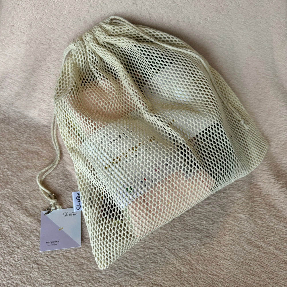 sac filet de lavage en coton biologique, cordon en coton recyclé écoresponsable, fabrication durable
