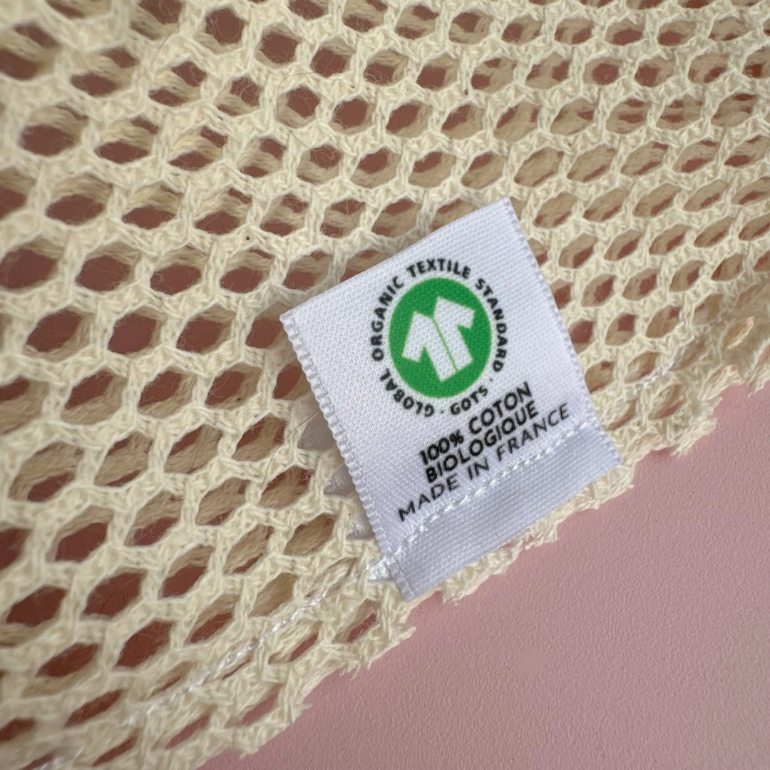 filet de lavage en tissu coton bio, avec lien de serrage en coton recyclé , réutilisable
