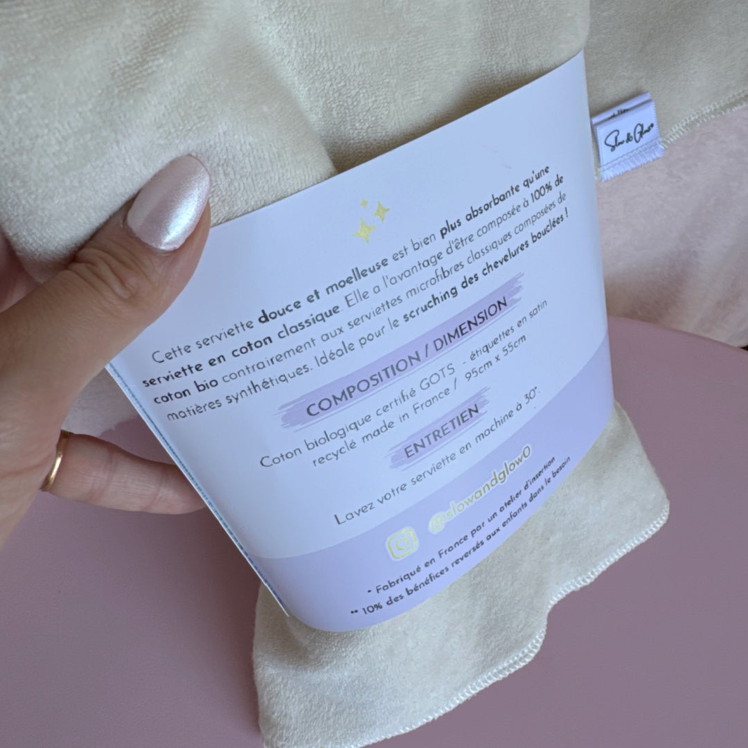 serviette enveloppante pour cheveux en coton biologique, microcoton ultra absorbant, écoresponsable
