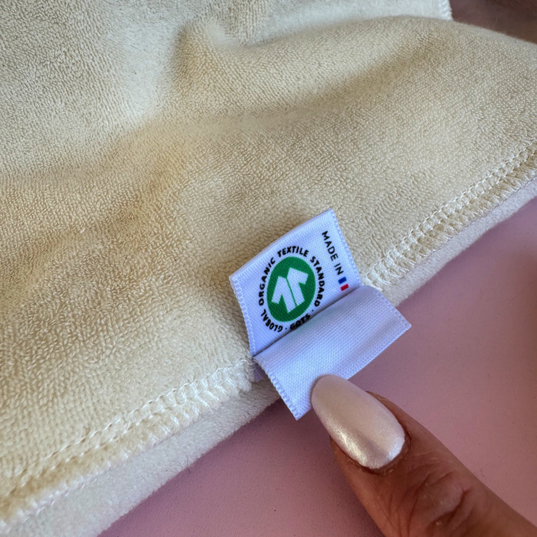 serviette à cheveux en coton biologique, séchage rapide grâce au tissu microcoton, éthique et durable

