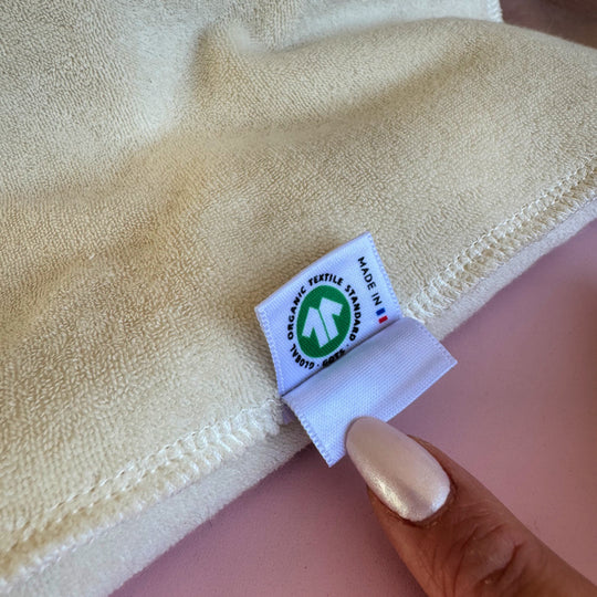 serviette à cheveux en coton biologique, séchage rapide grâce au tissu microcoton, éthique et durable
